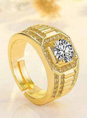 地摊货源镀黄金霸气满钻戒指 钻戒商务男戒保色双排镶钻订婚戒指