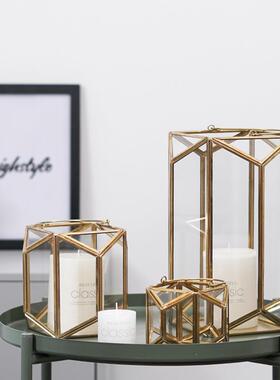 ins镀铜几何玻璃罩手提烛台摆件北欧风客厅庭院装饰品婚庆软装饰