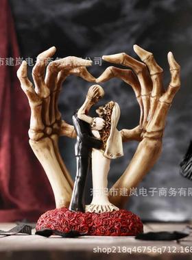 新款骷髅情侣双手爱心万圣节摆件狂暴神之手万圣节装饰品树脂