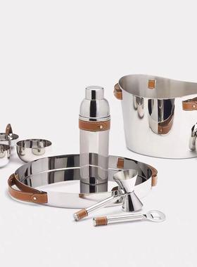 现代皮革银金属香槟红酒冰桶果盘样板房轻奢托盘花器组合桌面