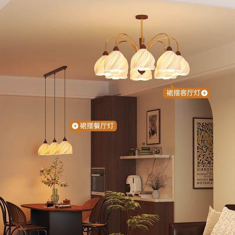 裙摆法式复古客厅大厅灯木胡桃317奶油吊主灯护眼高级感灯中古餐,淘宝优惠券,粉丝福利购,淘宝优惠卷