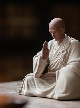 新中式创意紫砂小和尚摆件禅意家居客厅博古架桌面装饰品瓷工艺品