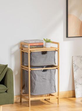 现代简约竹制布艺双层置物架家用脏衣篮卫生间落地收纳衣篓