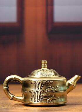 小记黄铜竹茶壶铜纯铜浮雕工刻花水壶艺品摆件送朋节zjh友铜壶装