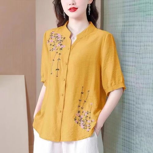 妈妈夏装女士衬衫2024新款棉麻中老年上衣女洋气绣花衬衣显瘦小衫 - 图2