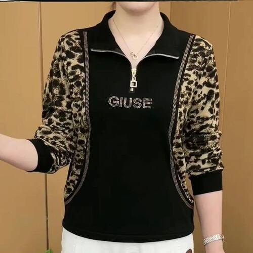 2025春秋半拉链长袖T恤烫钻减龄卫衣大码宽松遮肚中年妈妈上衣女 - 图0