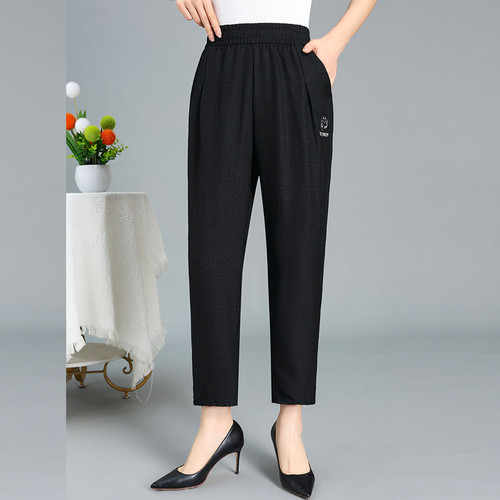 夏季新款洋气中老年女裤宽松大码松紧腰妈妈裤子高腰哈伦裤九分裤 - 图3