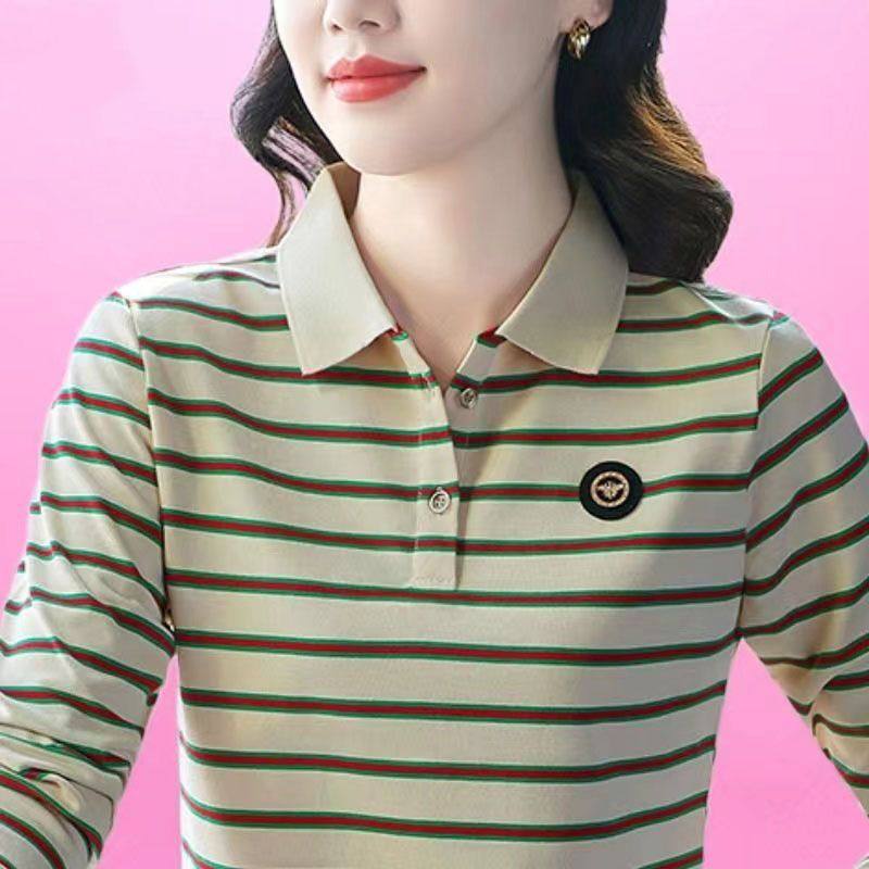 春秋Polo领中年妈妈条纹显瘦大码减龄上衣新款翻领洋气长袖T恤女,淘宝优惠券,粉丝福利购,淘宝优惠卷