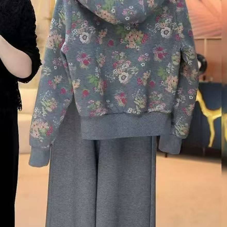 秋冬加绒加厚中年妈妈洋气遮肚阔腿裤套装女士拉链开衫连帽两件套,淘宝优惠券,粉丝福利购,淘宝优惠卷