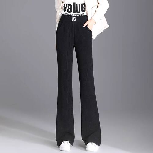 中老年妈妈装雪尼尔休闲裤子女秋冬款高腰微喇直筒裤加厚保暖女裤 - 图0