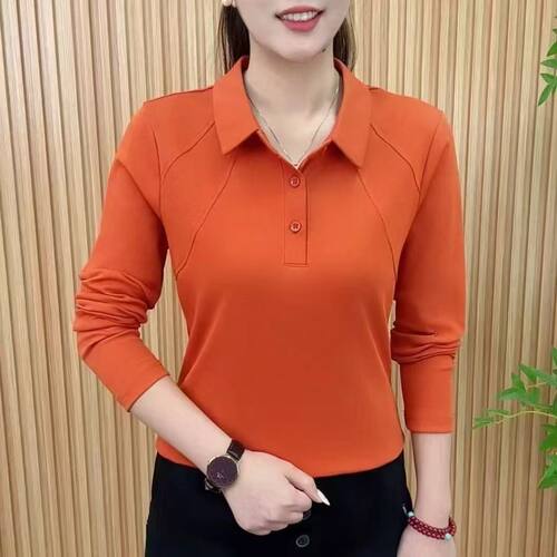 2025新款中老年妈妈宽松显瘦大码长袖t恤秋冬翻领POLO时尚上衣女 - 图1