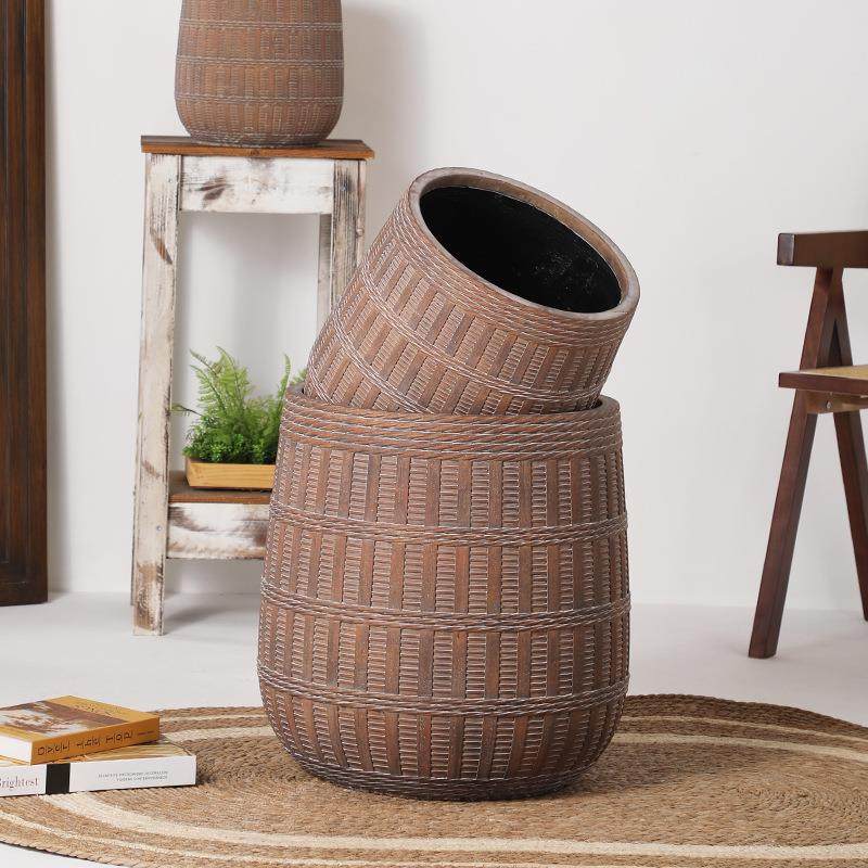 藤编篮子器型大口径镁泥花盆带滚轮托盘落地盆散尾葵孔雀木琴叶榕,淘宝优惠券,粉丝福利购,淘宝优惠卷