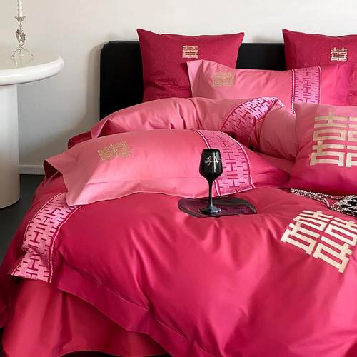 渐变色婚庆四季贡缎长绒棉四件套红色结婚现代风刺绣被套床上用品 - 图2