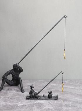 新中式黑色铸铁钓鱼人摆件样板间客厅餐厅电视柜桌面家居软装饰品