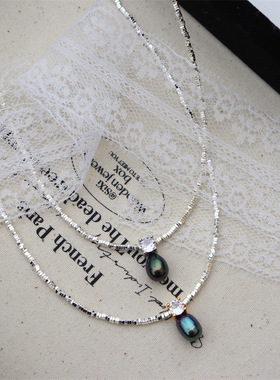 原创设计冷淡风碎银子水滴黑色珍珠项链中古vintage艺术感锁骨链