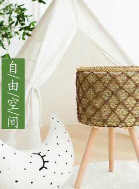 北欧编织花架家用大编织篮竹篮圆形木腿支架花盆架草编镂空盆架