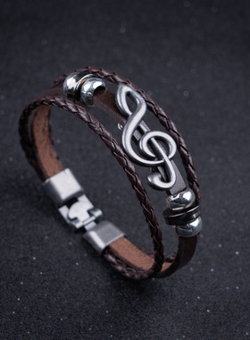 跨境货源欧美流行合金音乐符男士 皮手链木珠PU情侣对扣手链