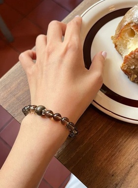 天然茶晶手串檀木球饰品落日黄水晶小众时髦送女友手链礼物