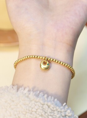 2025手工定制鎏金圆珠法国潮DIY平安喜乐小胖手链潮流点钻装饰品