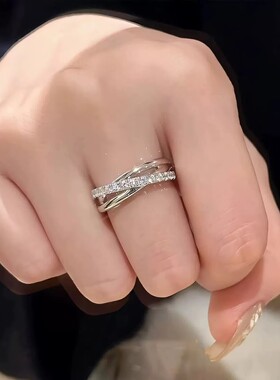 高级感简约三环戒指冷淡风闪钻开口戒女个性轻奢小众设计