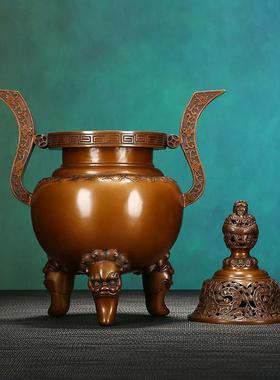 铜欣祥紫铜龙钮如意纹三足熏炉家居室内香炉摆件