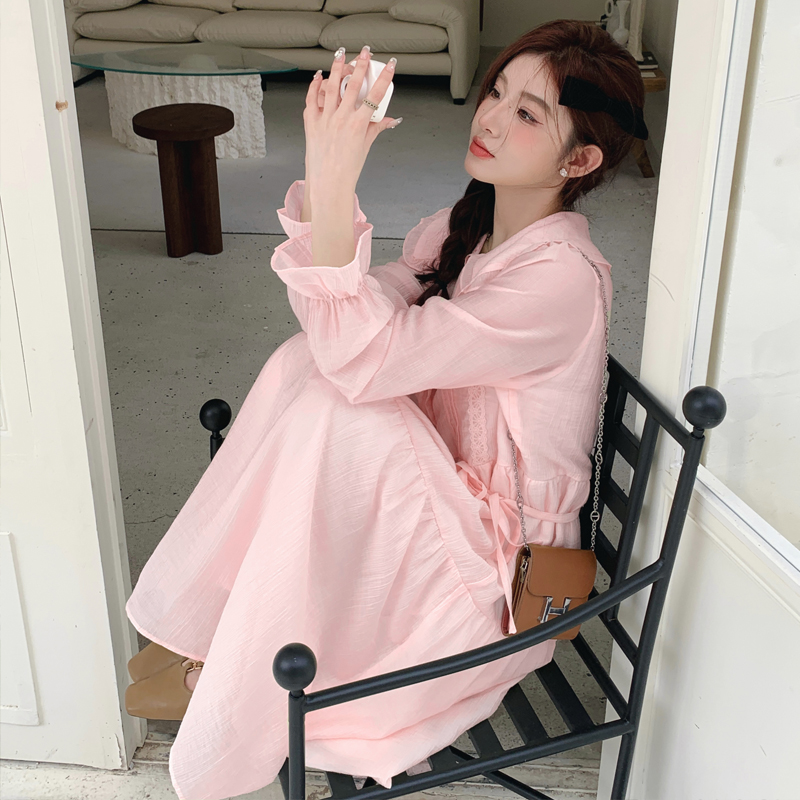 缈珠棉麻连衣裙娃娃领中长款裙子