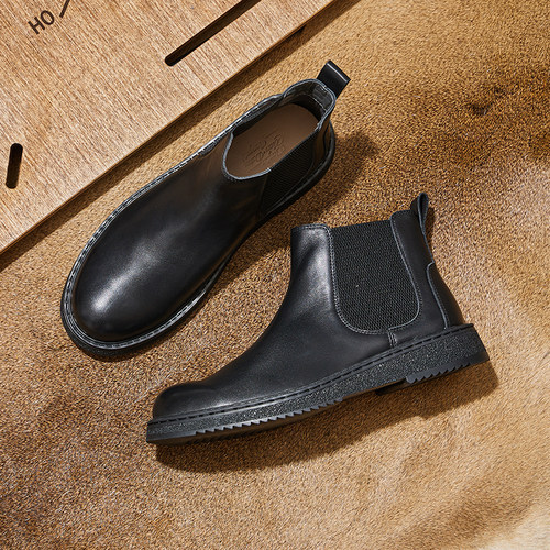 秋冬男士切尔西短靴时尚英伦风百搭休闲马丁靴真皮加绒圆头靴子 - 图2