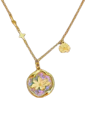 莫奈花园系列珐琅彩黄金色荷花项链吊坠复古油画风睡莲烧蓝锁骨链