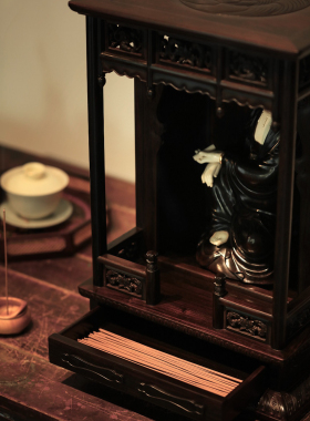 佛龛酸枝木雕观音菩萨像供奉台家用财神爷关公中式实木摆件