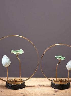 新中式创意陶瓷荷花荷叶摆件家居客厅样板房玄关书房软装饰品摆设