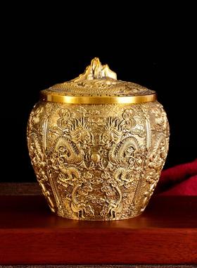 龙凤茶叶罐龙头储存罐办公室茶道纯铜茶叶罐九龙茶叶罐