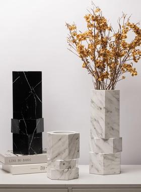 轻奢极简树脂大理石纹六边形花器软装样板房酒店螺纹花瓶家居饰品