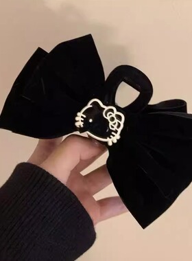 黑色kitty丝绒蝴蝶结抓夹复古法式双面KT猫咪盘发鲨鱼夹大号发夹