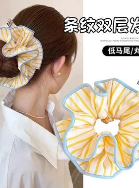 芭蕾褶皱奶油缎面蓝色条纹大肠发圈女百搭发绳头发超大头绳发饰女