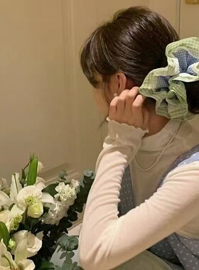 清爽夏日~夏季清新双拼绿色格纹方巾飘带蝴蝶结少女大肠发圈发饰