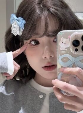 小清新浅蓝格纹发夹女云朵蕾丝边夹少女心甜美侧边刘海夹新款发饰