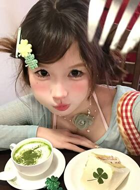 小众自制古早风绿色四叶草立体布艺发卡甜美少女碎发刘海边夹头饰