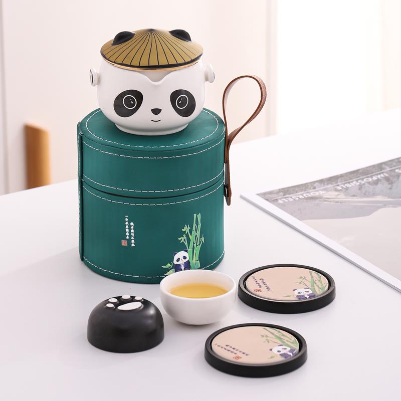Panda Travel Tea Set Outdoor Portable Quick Guest Cup One Pot Two Cups Tea Set Gift Box Kung Fu Teapot