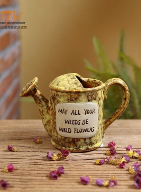 美式田园英文字母洒水壶花缸 陶瓷釉面摆件 橱柜摆件庭院摆件