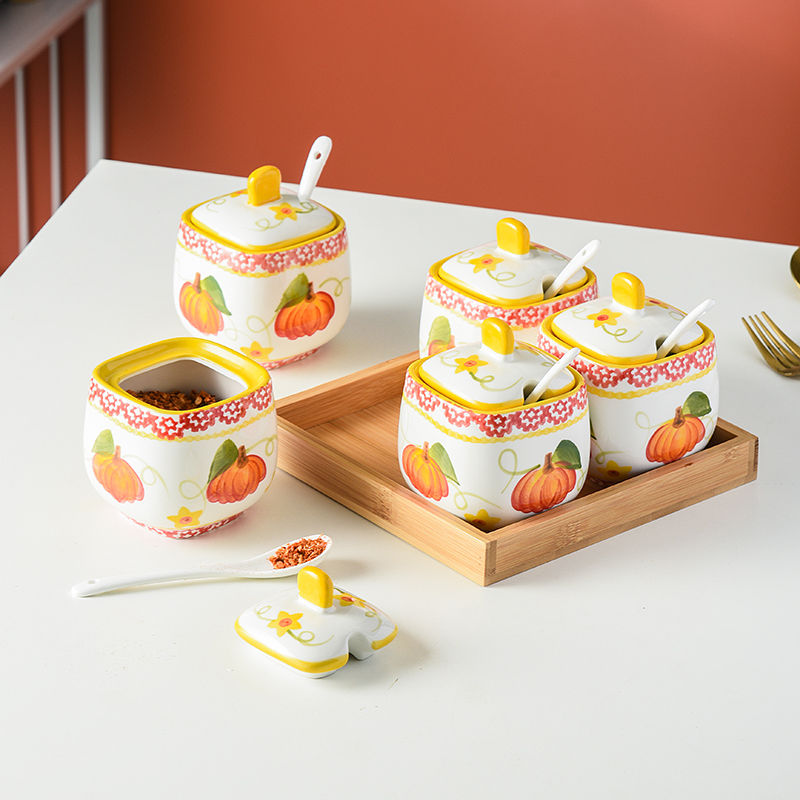 日式南瓜陶瓷调味罐套装有盖盐罐子单个家用盖勺一体厨房调料罐 - 图1