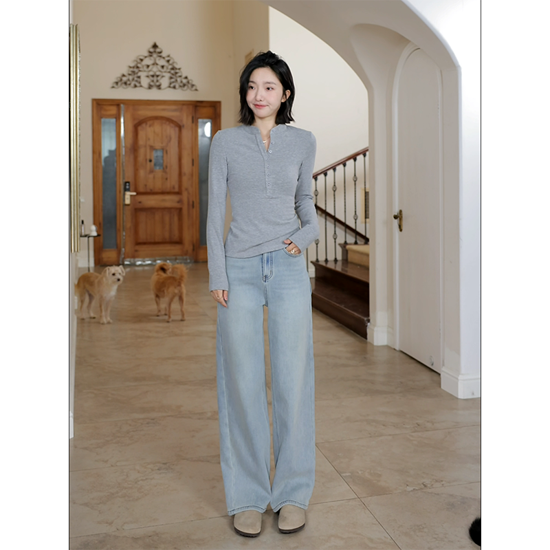 郭九九呢棉质复古水洗直筒加绒牛仔裤女冬季修身显瘦绒感T恤内搭,淘宝优惠券,粉丝福利购,淘宝优惠卷