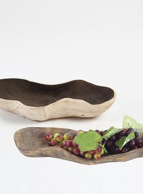 原木覆古侘寂风木质碗形果盘收纳托 托盘摆件样板间酒店民宿软装