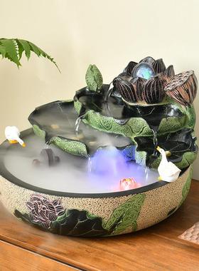 新中式荷花流水生财摆件循环水客厅茶室桌面风水轮造景入户运转球