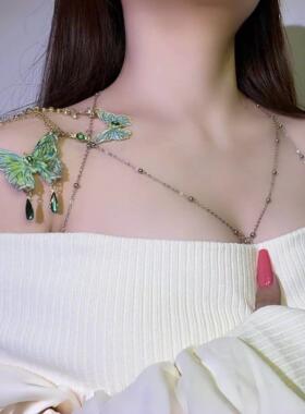 蕾丝绿色蝴蝶流苏项链仙气小众腿环女森系纯欲腿链性感辣妹身体链