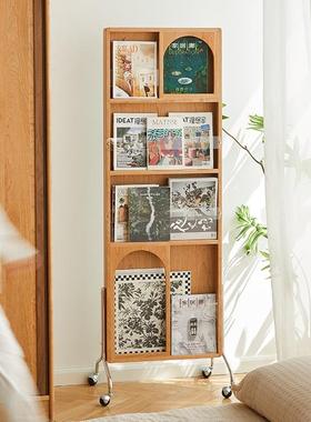 杂志架全身镜推拉可移动旋转落地樱桃木复古实木书架穿衣试衣镜子