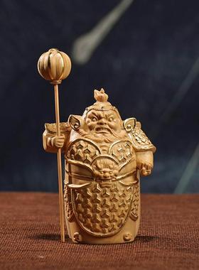 黄杨木雕哼哈二将门神摆件木质中式家居客厅Z宅装饰桌面神像