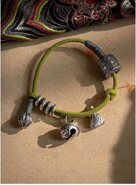 复古银色六字真言铃铛手工编织绿色手绳男女款藏式手链平安饰品