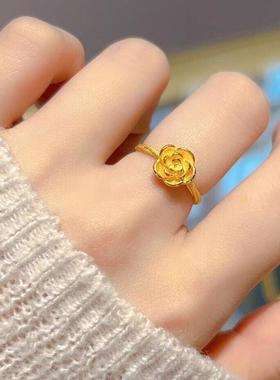 黄金色玫瑰花戒指女2025新款轻奢高级感百搭花朵开口戒指礼物送女