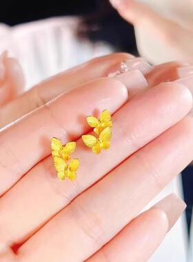 蝴蝶耳钉女精品古典两只蝴蝶金色耳环时尚新款金色耳钉送女友耳饰