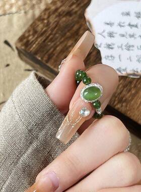 新中式复古民族风和田碧钰弹力镶嵌椭圆锆石戒指时尚气质百搭指环